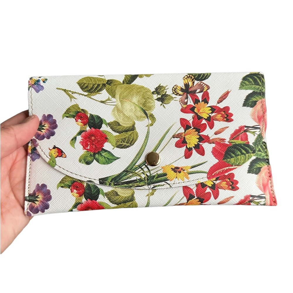 Vegan Leather Colorful Floral Long Wallet with Magnetic Snap Closure